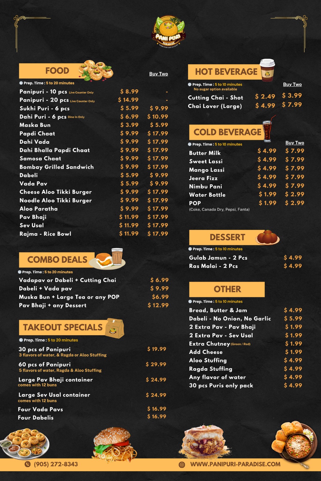 Pani Puri Paradise full restaurant menu Mississauga